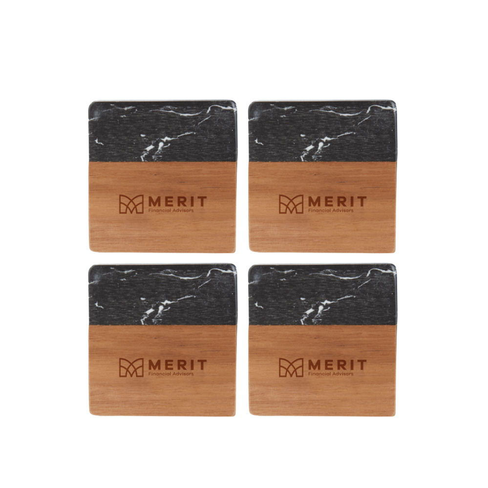 Merit Black Marble and Wood Coaster Set