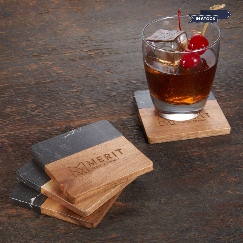 Merit Black Marble and Wood Coaster Set