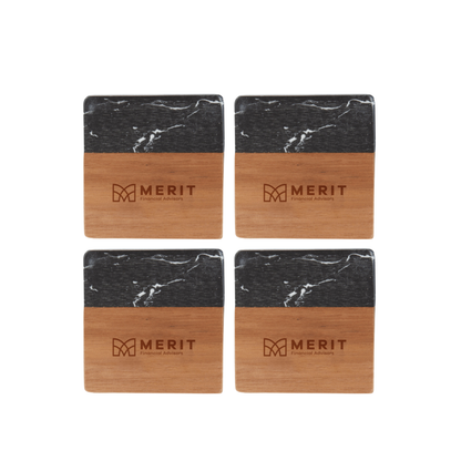 Merit Black Marble and Wood Coaster Set